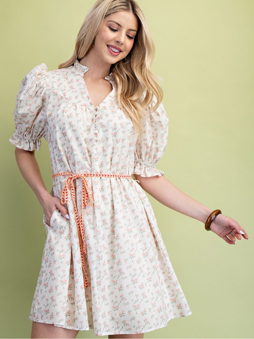 Gigio Floral Puff-Sleeve Dress with Neon Beaided Self Tie Belt